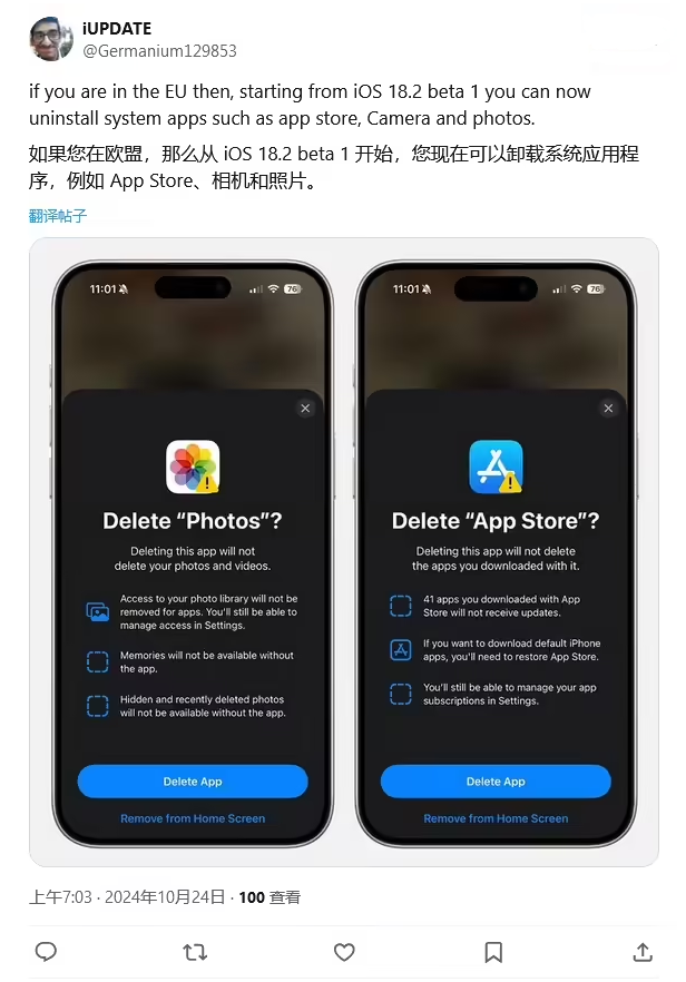 安图苹果手机维修分享iOS 18.2 支持删除 App Store 应用商店 