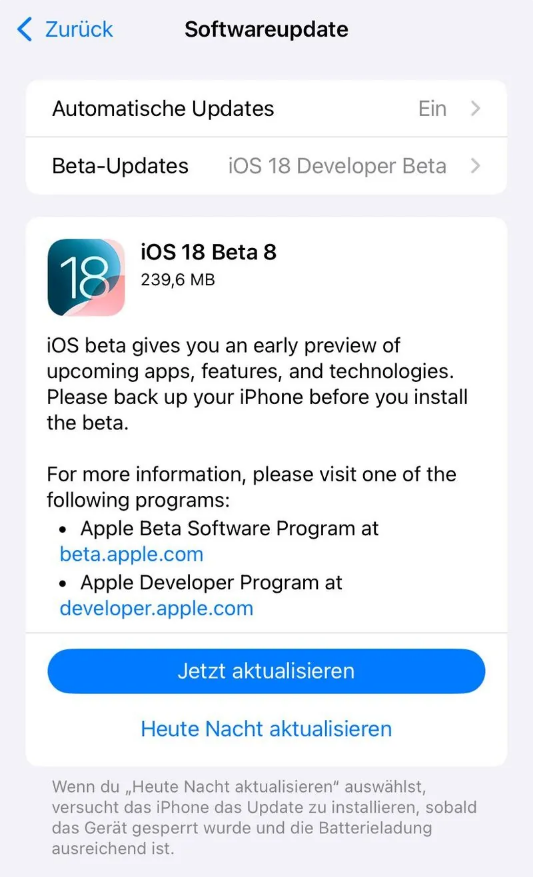 安图苹果手机维修分享苹果 iOS / iPadOS 18 开发者预览版 Beta 8 发布 